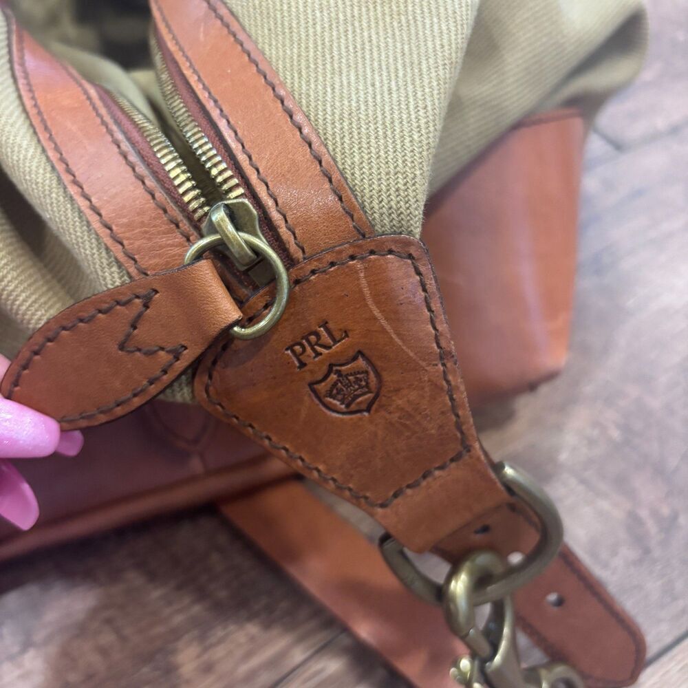 Polo Ralph Lauren Duffle Bag Safari XL Tan Cognac Canvas Leather  (23.5x10x10) - Picture 4 of 12
